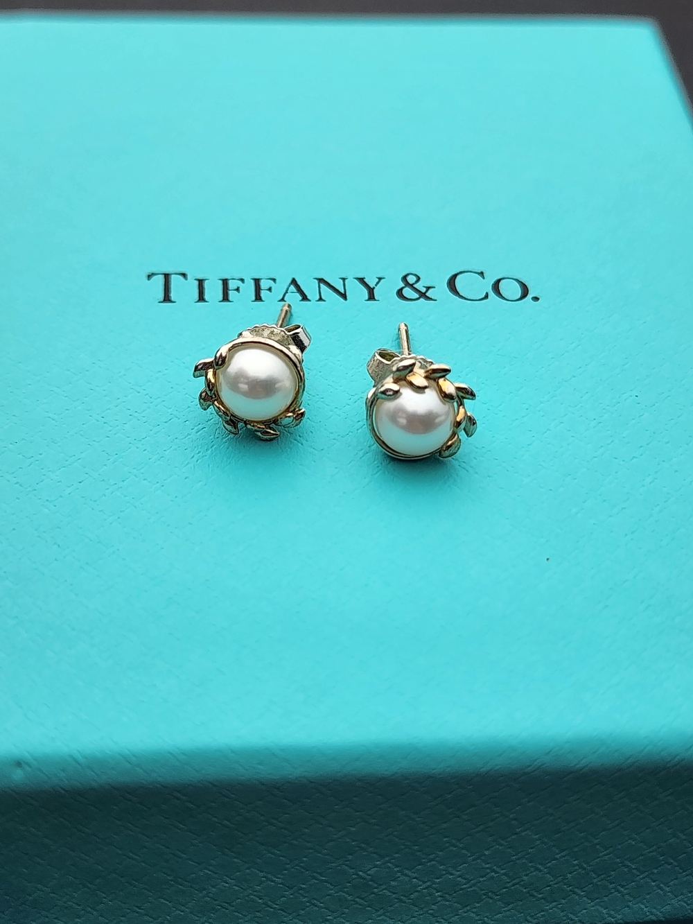 Tiffany & Co. Pearl Stud Earrings with Gold Leaf Motifs - White & Gold